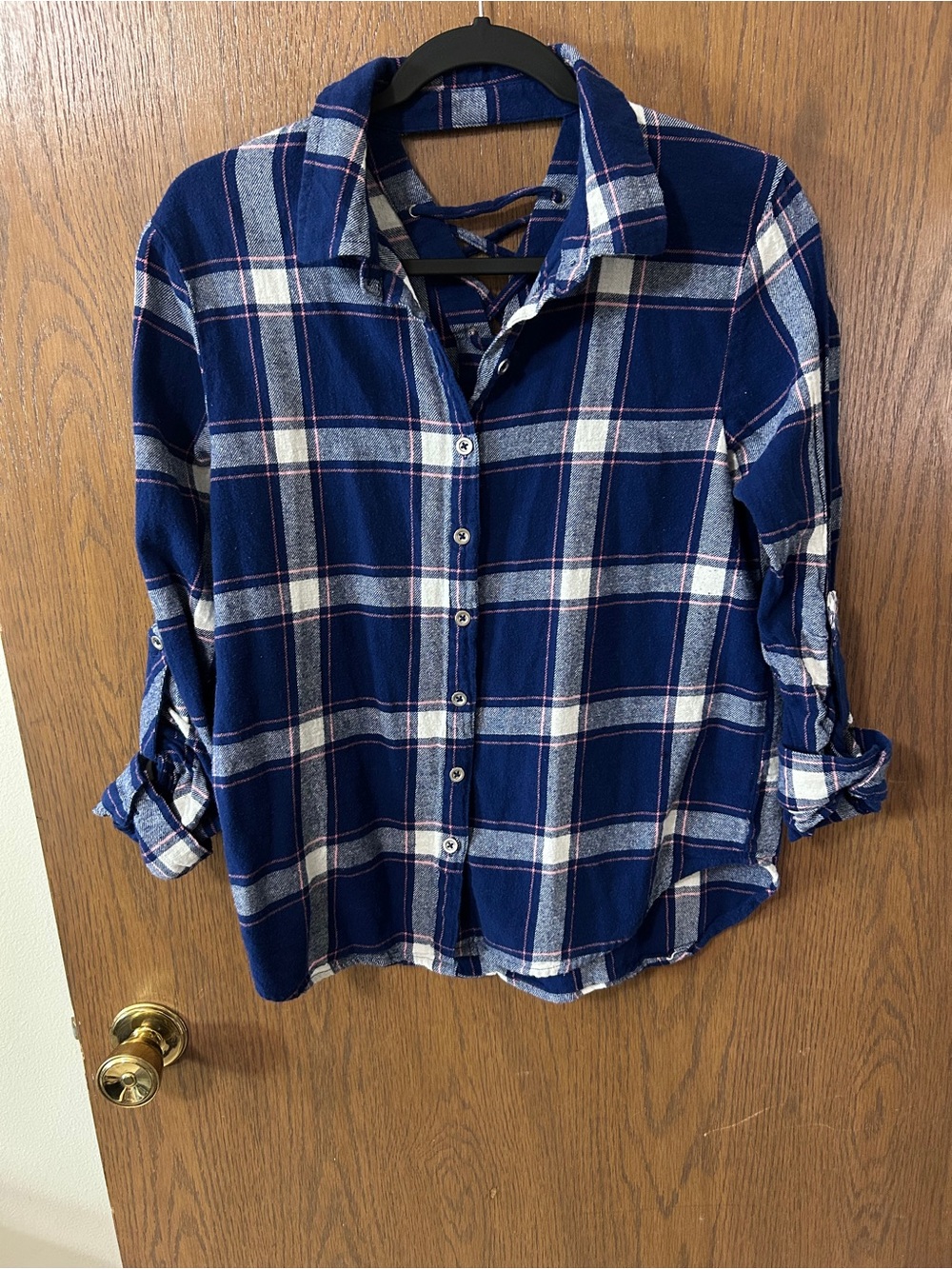 Derek Heart Navy and White Plaid Button-Down Shirt with open back